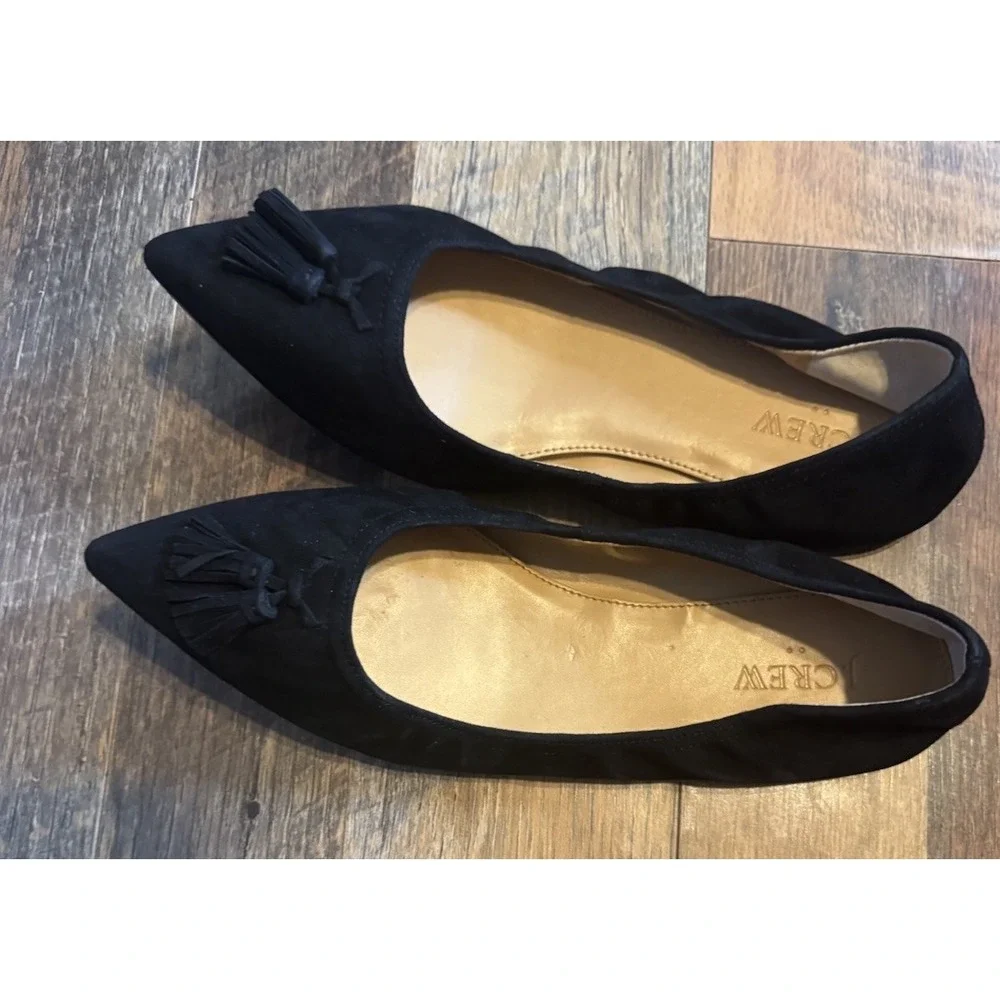 J Crew Lottie Flats Black Suede Slip On Tassel Pointed Toe Womens Shoes 9.5 NIB